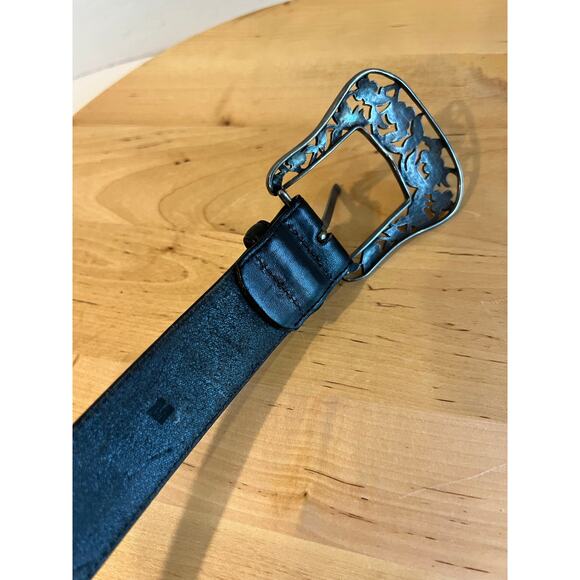 Banana Republic USA Black Genuine Leather Silver Floral Buckle Belt Size Medium main image 3